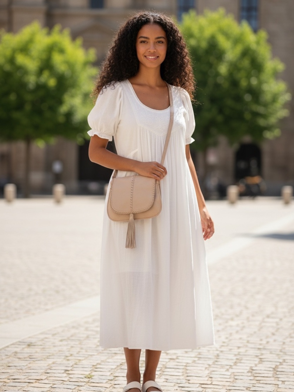 HOBO Brio Cream/Beige Leather Crossbody Saddle Bag with Tassel